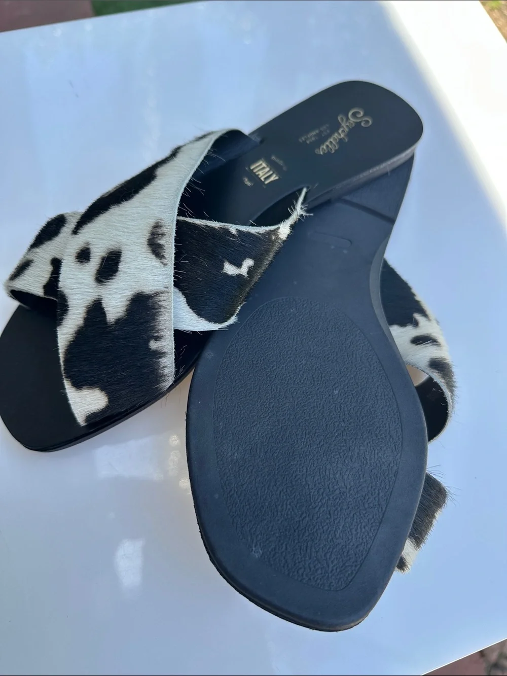 Seychelles Black and White Cowhide Crossband Slides
